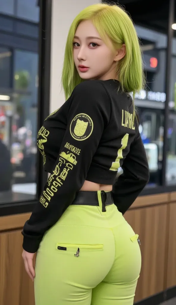 best quality, highly detailed, masterpiece, 4k, 8k, nice lighting, small breast, small waist, slim toned body, curvy body, medium sized butt, lime green hair, smiling, back at viewer, wearing a black cropped jersey with lime green designs and number 1, lim...