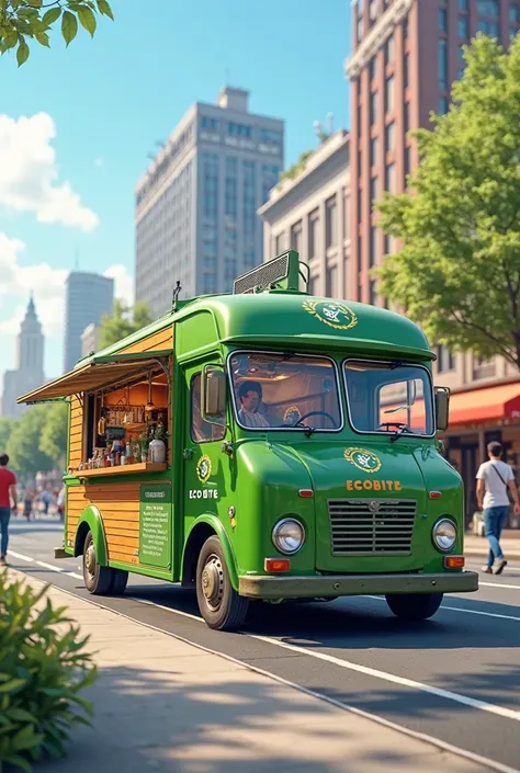 generate a logo for sustainable street food (food truck) By the name Eco Bite, creating a van with the logo above 