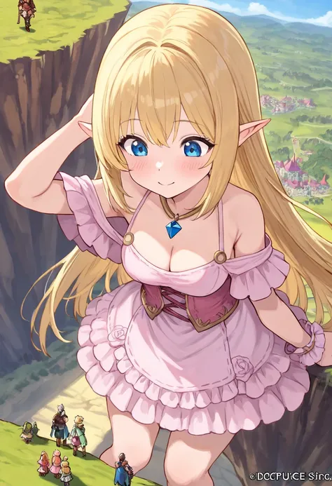 (macro size: 1.3), (a giant princess blonde hair behind a fantasy town on a cliff: 1.1), describe image of a giant girl with pink dress doing something in a fantasy town, cleavage, cute