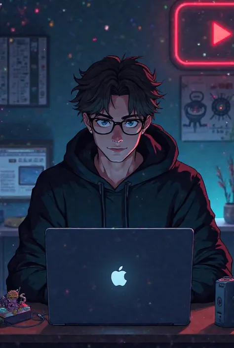 Create an anime-friendly looking male business character who appears handsome and smart. He has a good face and is wearing a black shade glass and a black hoodie. The character is sitting behind his laptop in his office, with his arms on the desk. It is ni...