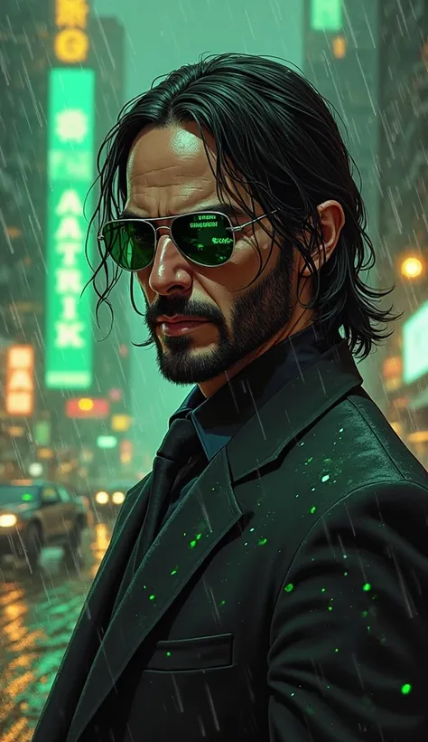 A stunning 2D hand-drawn illustration of John Wick, captured in a mid-shot side-profile, adjusting his iconic, futuristic Matrix sunglasses—sleek, rimless shades with an ultra-thin frame, reflecting streaks of neon city lights. A holographic interface proj...