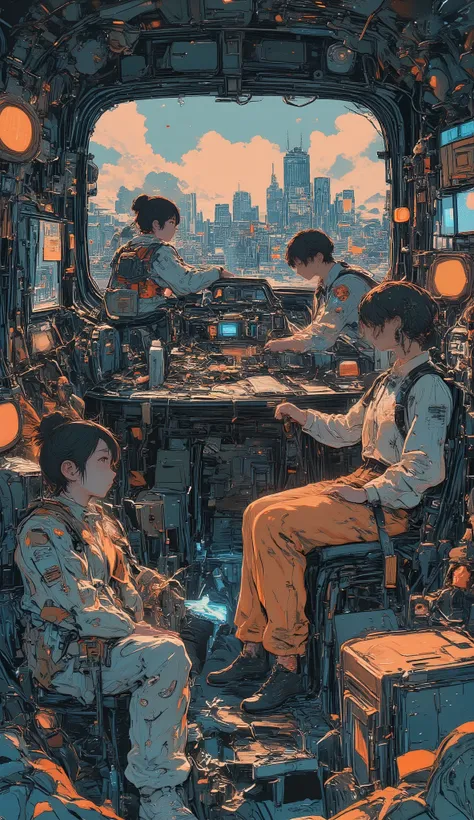 anime characters sit in a car with lots of luggage, Cyberpunk Art by Toko Shinoda, trending on pixiv, maximalism , Anime Mecha Aesthetics , Kantai Collection Arcade, Mechanical Aesthetics, 80s anime atmosphere , Art Deco Outrun Anime Aesthetics , F...