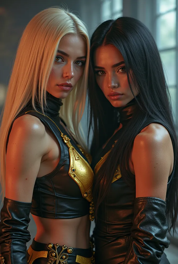 2 Very attractive caucasian females, 1 with very straight very long blonde hair, aged 27 years, the other Kenna James with long black hair,  dressed as characters from Mortal Kombat