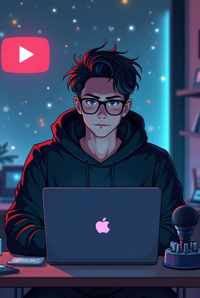 Create an anime-friendly looking male business character who appears handsome and smart. He has a good face and is wearing a black shade glass and a black hoodie. The character is sitting behind his laptop in his office, with his arms on the desk. It is ni...