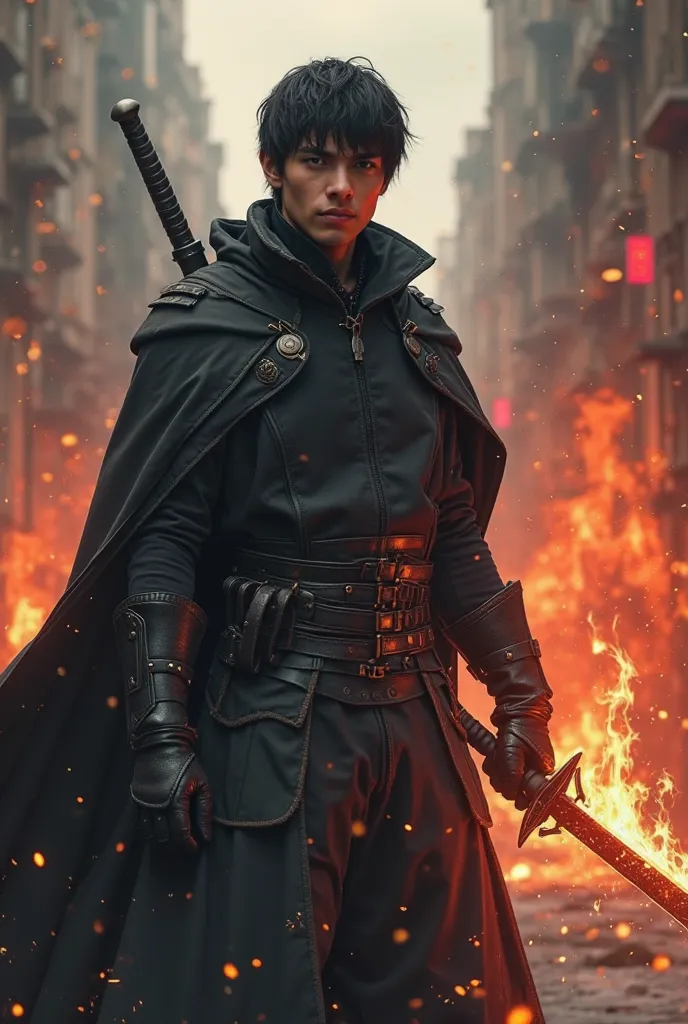 Young man with bronze colored skin and black short hair in a dark full coat having a dark bladed sword in one hand while his other one holds red flames in an apocalyptic city
