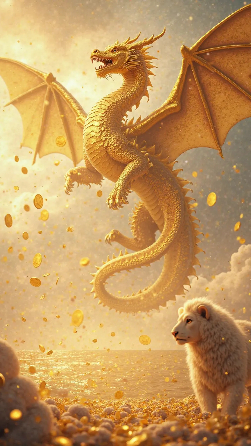 Huge golden dragon, huge bow surrounded by gold coins, lion, sheep, sharp eyes, rising to the sky, golden sea in the background, divine atmosphere.