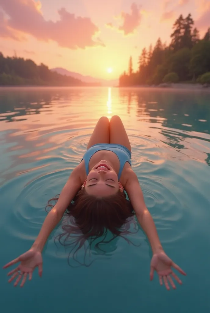 Create a Disney Pixar style wide-angle shot of Lena lying on her back, floating effortlessly in the calm lake, eyes closed, a serene smile on her face. She wears a blue swimsuit, her brown hair fanning out in the water. The setting is a tranquil lake at su...