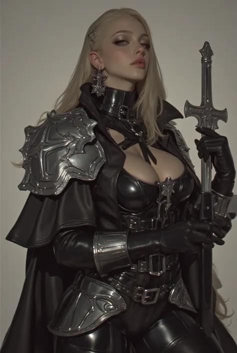   close-up of a person with a sword wearing a leather coat, Sephiroth, Sephiroth  from Final Fantasy , a photo of Sephiroth,  from Final Fantasy ,  leather armor , sexy long blonde hair woman wearing biker leather outfit,   Final Fantasy characters ,  Styl...