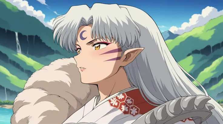 best quality, score_9, score_8_up, score_7_up, source_anime,
Female version sesshomaru, sexy body, hot body, preety, Beautiful, Medium breasts, long hair, yellow eyes, white hair, female focus pointy ears, facial mark, crescent, forehead mark,
japanese clo...