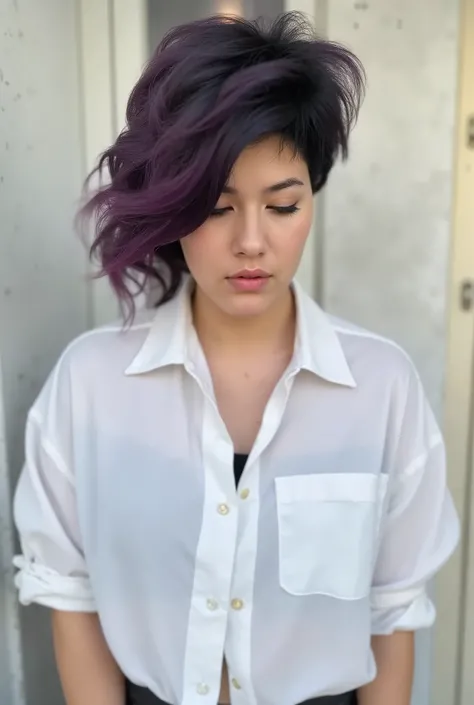 a beautiful young girl in a white man's shirt on the background of a concrete wall