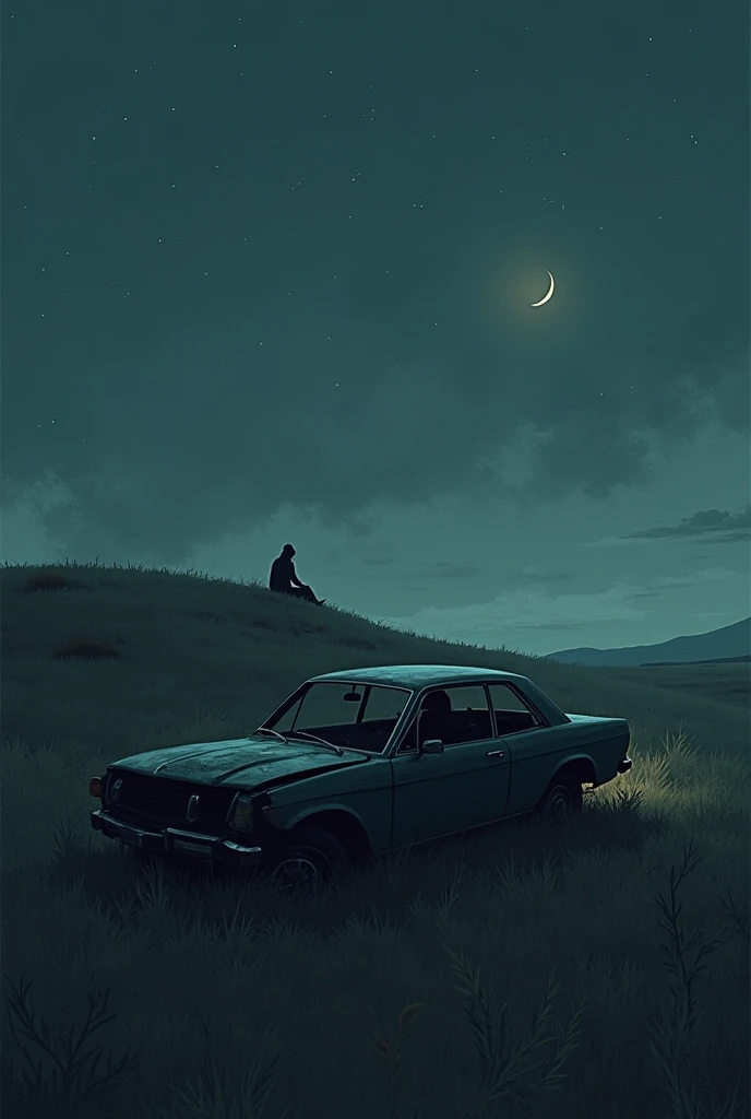 in a dream, 8-10 meters inland from the highway a smashed car in the field , sits a dark figure on a hill not too high in the distance, facing the car, moon sickle in the night sky