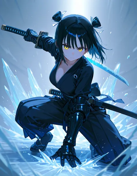 best quality, high detailed, Samurai Girl, gigantic mechanical right arm, iai stance, katana, frozen effect, Slash effect, serious, beautiful eyes, super fine eyes