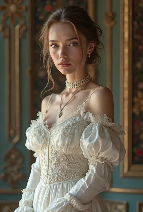 Beautiful woman, inspired by Alexandre Cabanel, beautiful long white dress, russian white clothes, choker, victorian, beautiful, aristocratic, ultra high resolution, (photorealistic:1.4), cinematographic, close up