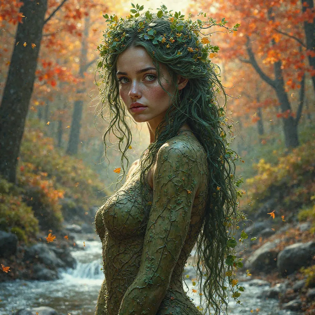 Photorealistic image of a beautiful mossy bark-skinned dryad with vines and leaves for hair in a colorful autumn forest near a mountain stream.