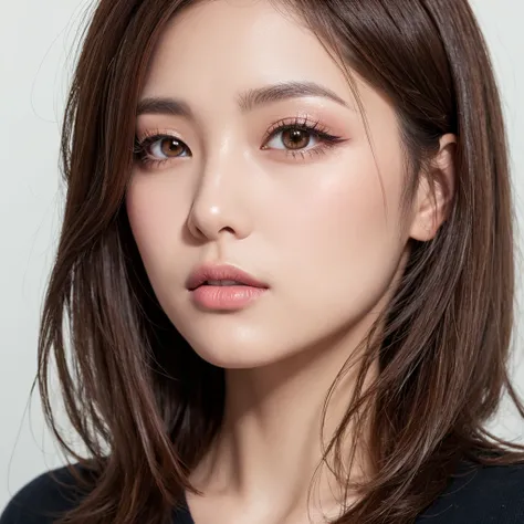 high definition、Japanese trainer、Age 35、 expressionless、Staring 、 medium bob、 Hair、colorful corolla、brown eyeshadow、Pale pink cheeks、eyeliner、Beige lipstick、 glossy lips 、 thin hair、A little messy hair、Thin eyelashes、 Fine Skin Pores 、low angle、blue backgr...