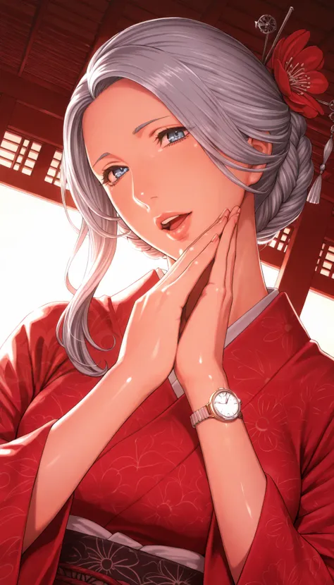 masterpiece, TOP QUALITY, Alone,1 girl, cute, Alone, Gray Hair, long hair, braided bun, red flower hair stick, blue eye, watch viewers, 片eye閉じ, big smile, open your mouth, medium breasts, traditional red kimono , Dutch angle, upper body, Twisted Po...