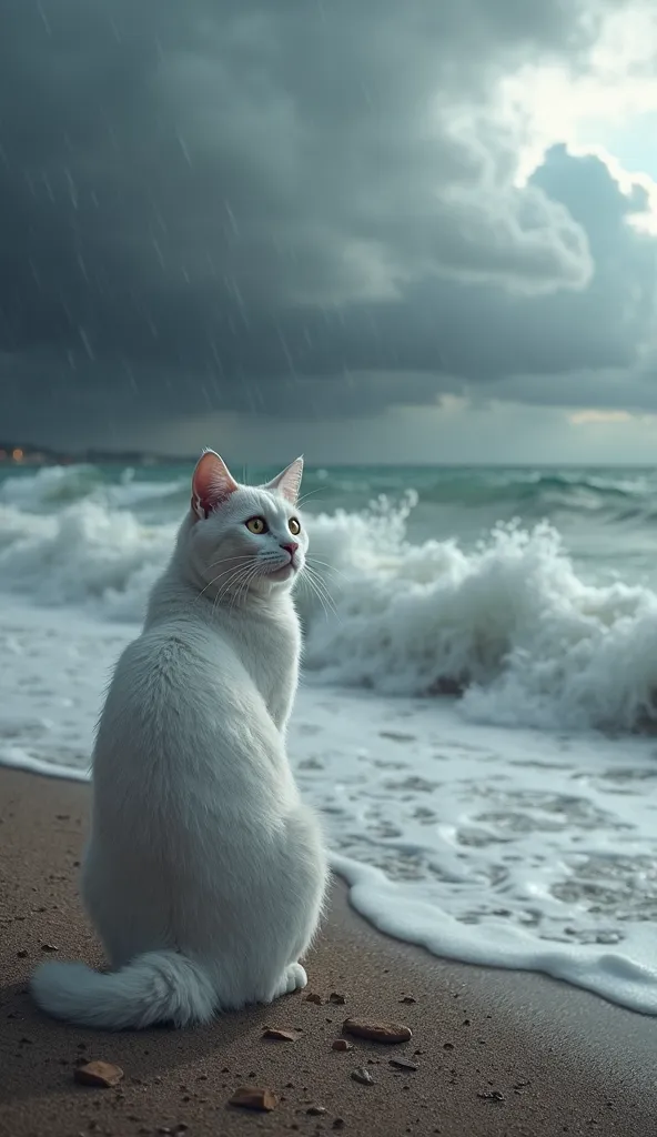 one white cat is looking at the sea on the beach the picture is very real there is heavy rain the picture is very real