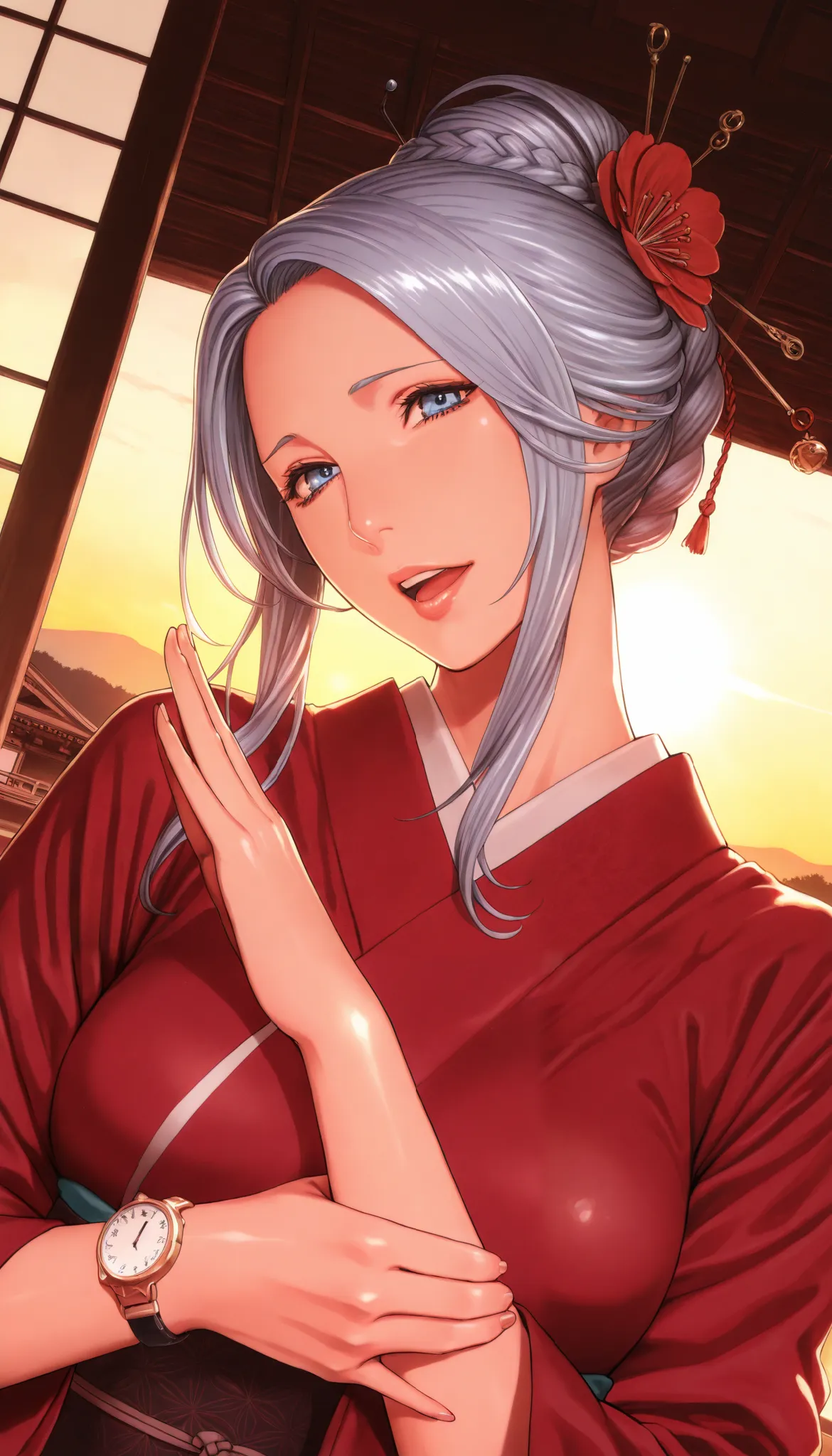  masterpiece, TOP QUALITY, Alone,1 girl, cute, Alone, Gray Hair,  long hair, braided bun,  red flower hair stick, blue eye, watch viewers, 片eye閉じ,  big smile,  open your mouth, medium breasts,  traditional red kimono , Dutch angle,  upper body,  Twisted Po...