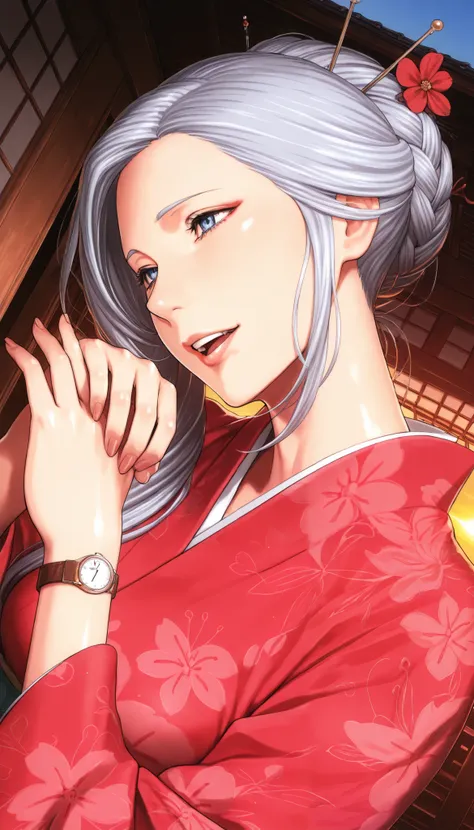masterpiece, TOP QUALITY, Alone,1 girl, cute, Alone, Gray Hair, long hair, braided bun, red flower hair stick, blue eye, watch viewers, 片eye閉じ, big smile, open your mouth, medium breasts, traditional red kimono , Dutch angle, upper body, Twisted Po...