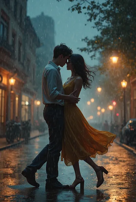 A girl and a boy dance in raining weather