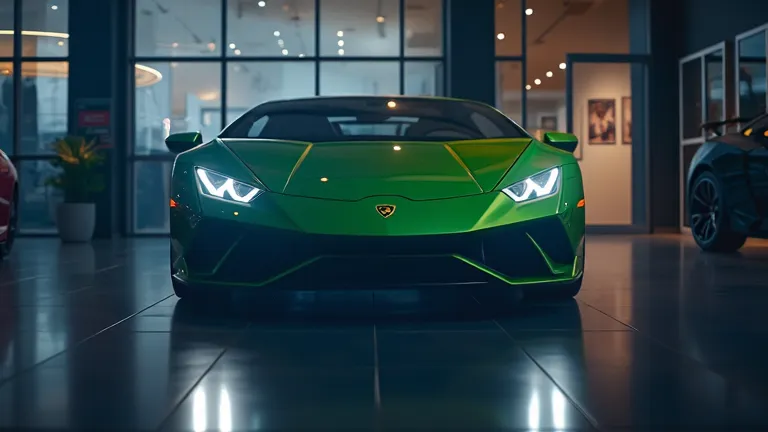 A Lamborghini Huracán STO with its headlights turned on inside a dimly lit showroom, creating a dramatic contrast between the car’s sharp angles and the soft ambient lighting. The reflections add depth and realism. Ultra HD 8K.
