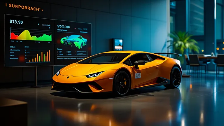 A Lamborghini Huracán STO displayed in a showroom with a high-tech interactive touchscreen panel beside it, showcasing performance stats and aerodynamic data. The futuristic environment enhances the presentation. Ultra HD 8K.
