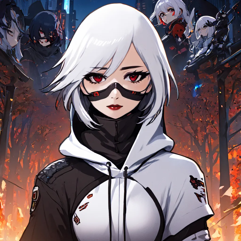  and two eyeglass lenses sewn into the white hoodie mask,   a detailed painting by Jin Homura, pixiv, shin hanga, highly detailed face,  cara ahegao , ( (   extreme details ) ), biomechanical oppai,   but the armor covers your face  , , Ayaka Genshin impac...