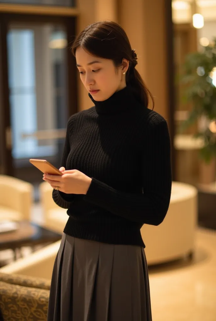 a woman meeting alone、Girls in their 20s、japanese woman、Winter clothing、Fashion magazine outfits、Looking at a smartphone、Telephoto shooting、wearing a black knit and gray long skirt、 I'm wearing brown boots 、I'm in the hotel lobby、