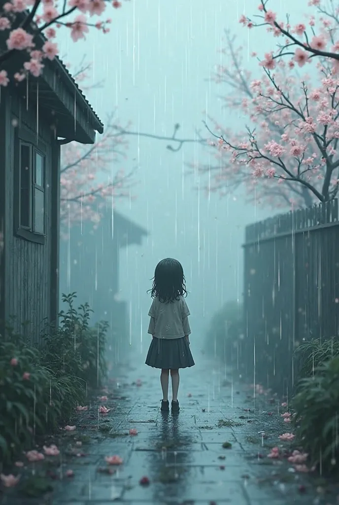 I wnat a picture of outside it raining and foggy, i wnat it to kind alook cartoony, i also want to be super foggy and gloomy but cherry blossoms branches in the background