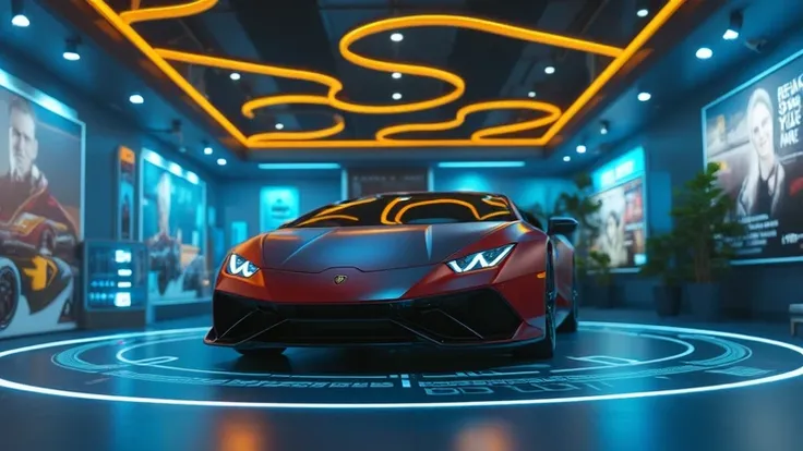 A Lamborghini Huracán STO in a futuristic showroom with holographic displays showcasing its aerodynamics, speed, and racing history. The neon lights and modern design create a high-tech atmosphere. Ultra HD 8K.
