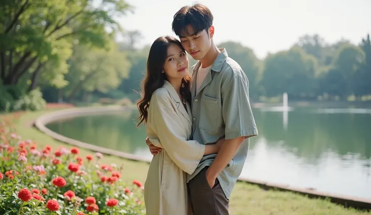 a tall, handsome young man with a Korean face, wearing casual Korean style clothes, was standing opposite and embracing a beautiful young woman with a Korean face, long hair, wearing casual Korean style dres, with a lakeside flower garden in the background...