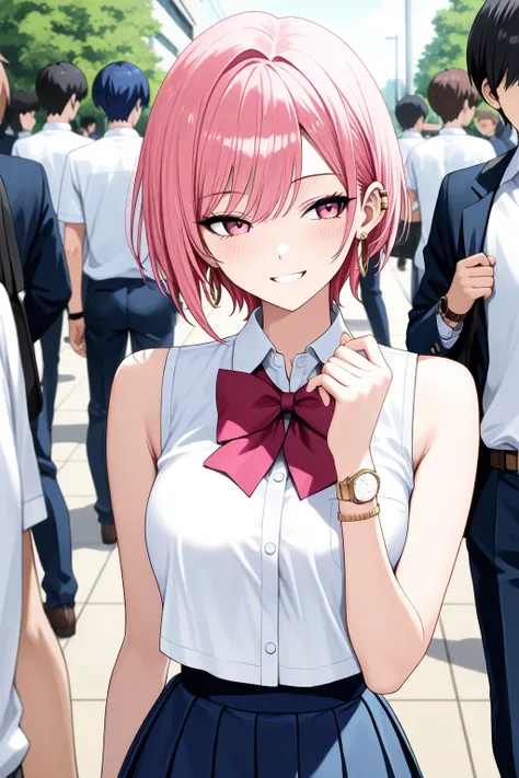 (anime, best quality, masterpiece),hot figure cute girl (pink short hairs, ear ring and wrist watch) in a sleeveless shirt (school uniform shirt) and mini blue skirt white shirt, flaunting her hot body and teasing, outside school campus, flirting with boys...