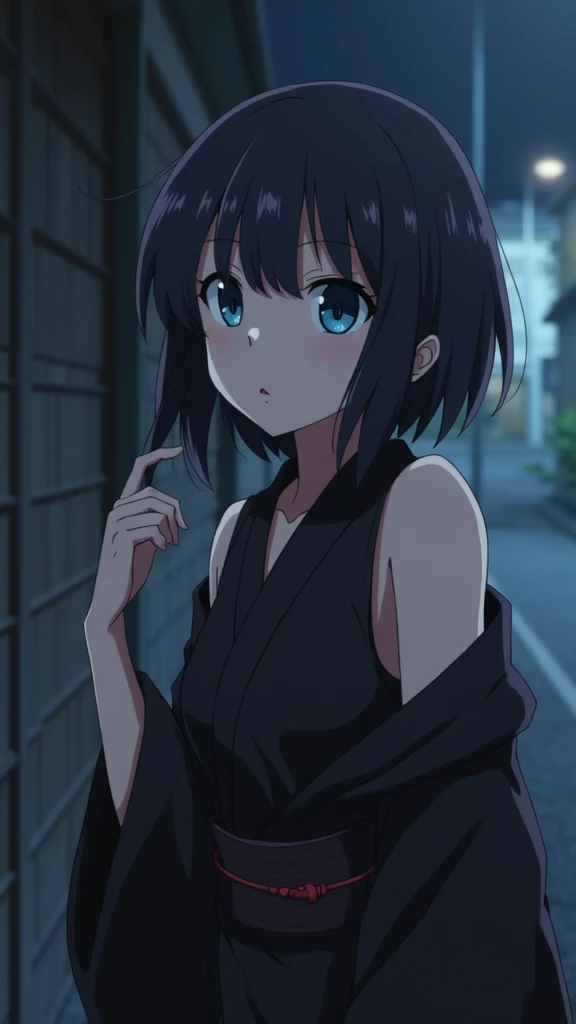  source_anime,  masterpiece, 最high quality,  amazing image quality , anime screencap, high quality, 8k,  is ridiculous, official style, indoors,   night ,  dark, dim, Japanese Buildings, thirst,  blue eyes, black pupils,  short hair,   black hair,  short h...