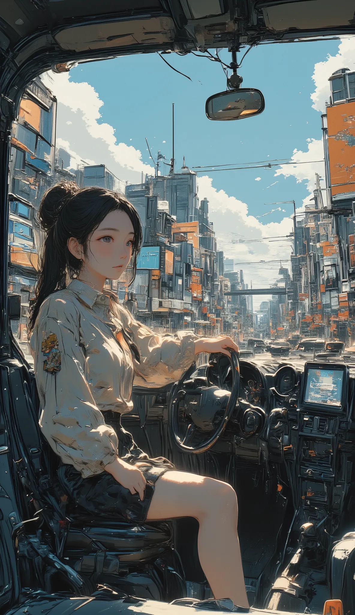 anime girl drive a car in the city with a man in the background, Realistic Anime 3D Style,  Digital Animated Illustration , anime style illustration, detailed   digital animation art ,  anime art with pretty details,   digital animation art ,  beautiful an...