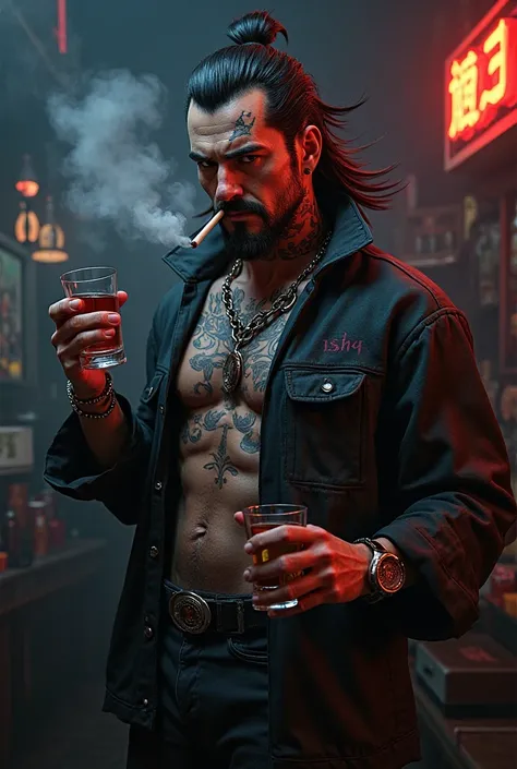 Cool yakuza guy, Mullet hair, holding 2 shots, Smoking, tattooed on her face, cool