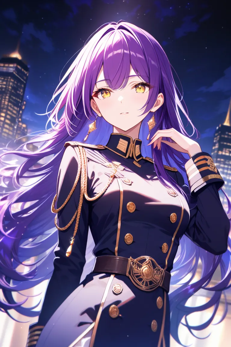 woman, twenty-five years old, solo,
beautiful deep violet hair, long hair,
clear yellow eyes,
military uniform,
front angle,
sexy, night,
masterpiece, best quality, very beautiful, very detailed, 