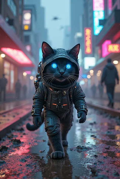 Cat with cyberpunk costume with blue eyes walking through a muddy road reflected with neon light