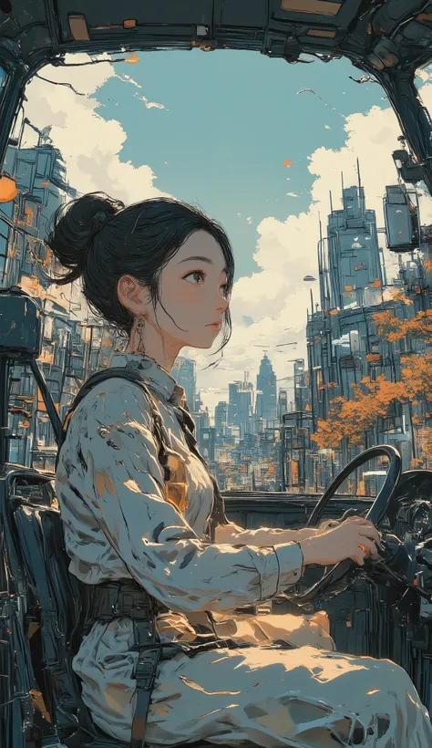Anime girl driving a car in the city with a man in the background, anime picture by Yuya , Pixiv, conceptual art , Realistic Anime 3D Style, Digital Animated Illustration , anime style illustration, detailed digital animation art , anime art with pret...