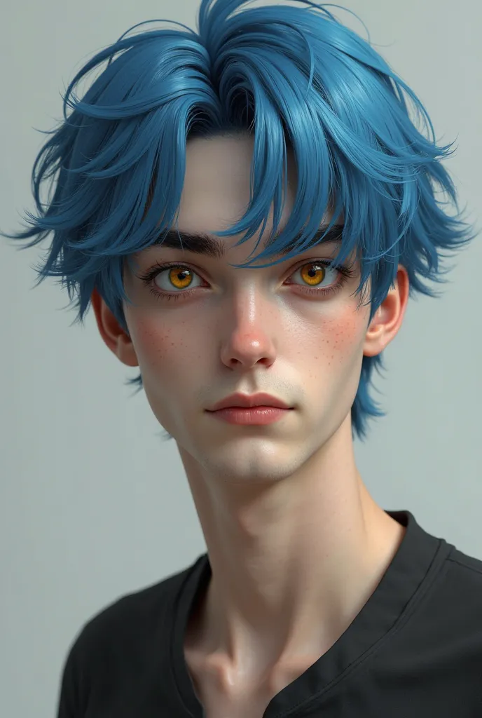 Realistic persona, Male Hair, yellow-eyed features..  Thick black eyebrows ...  Blue Hair... pale skin ...  black shirt.. shorts negro .... sneakers black ankle boots...