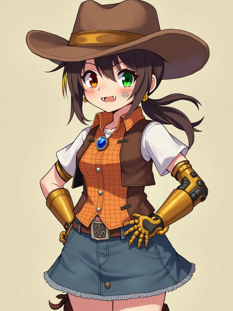 anime busty cow tomboy brown cowgirl hat rough brown ponytail hair right eye covered by red orange yellow highlights green left eye band aid on nose two buck teeth blue fire charm necklace with ruby brown sleeveless western vest orange plaid short sleeve s...