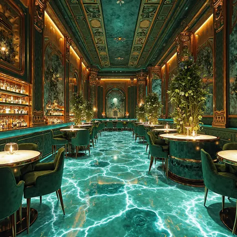 realistic photo, best quality, no humans, a luxurious and futuristic pub with an oceanic-inspired aesthetic. The space features deep green and gold tones, high-end tables and chairs, and a floor with glowing water-like patterns. Soft golden lighting and el...