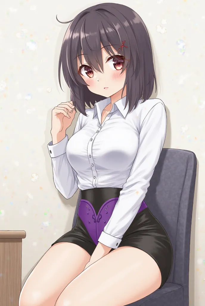 Rookie OL。The white shirt on the uniform is tight、Looks like I can pop a button。The purple bra inside is visible through the gap。Black tight skirts are also short。When I sit on a chair, I can see my purple underwear and I hide it shyly and desperately。Bob'...