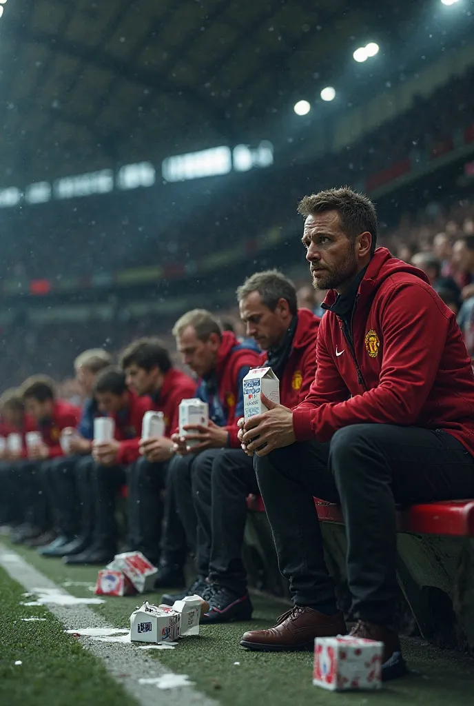 Create an image of manchester united fans with drinking milk with sad feeling inside stadium