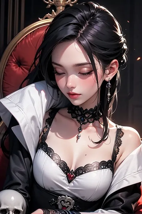 Love Beyond Time, High Quality, Gothic Horror, One Girl, Solo, Beautiful Woman, Queen of the Night, Dark Empress, Long Black Hair, Long Eyelashes, Closed Eyes, Narrow Face, Mole Under Eye, Moist Lips, Slim Body, Medieval European Black Dress, High Neck, Ch...