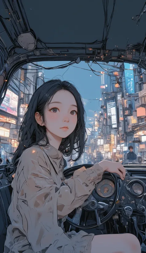 anime girl drive a car in the city with a man in the background, Realistic Anime 3D Style, Digital Animated Illustration , anime style illustration, detailed digital animation art , anime art with pretty details, digital animation art , beautiful anim...