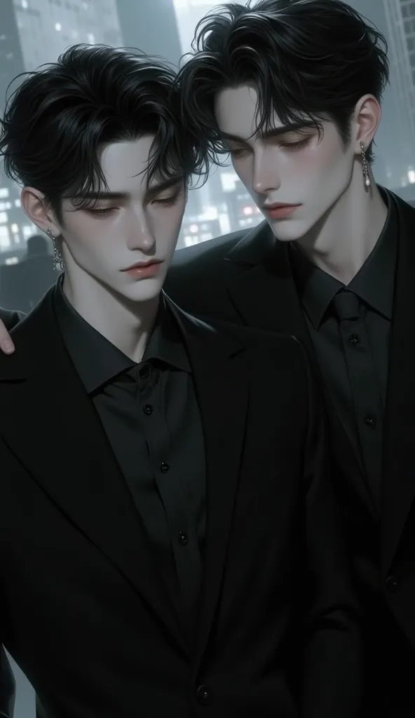 2 people , 20 years old, height 1m7 , wearing a black suit,  handsome face, Korea , double hair , Depressed face , wear earrings , going 