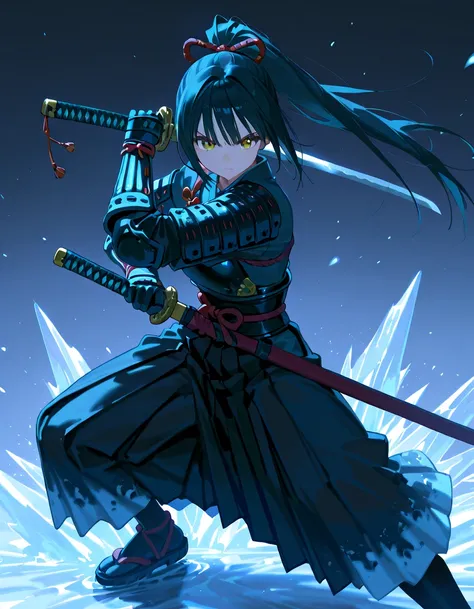 best quality, high detailed, Samurai Girl, gigantic mechanical right arm, iai stance, katana, frozen effect, Slash effect, serious, beautiful eyes, super fine eyes