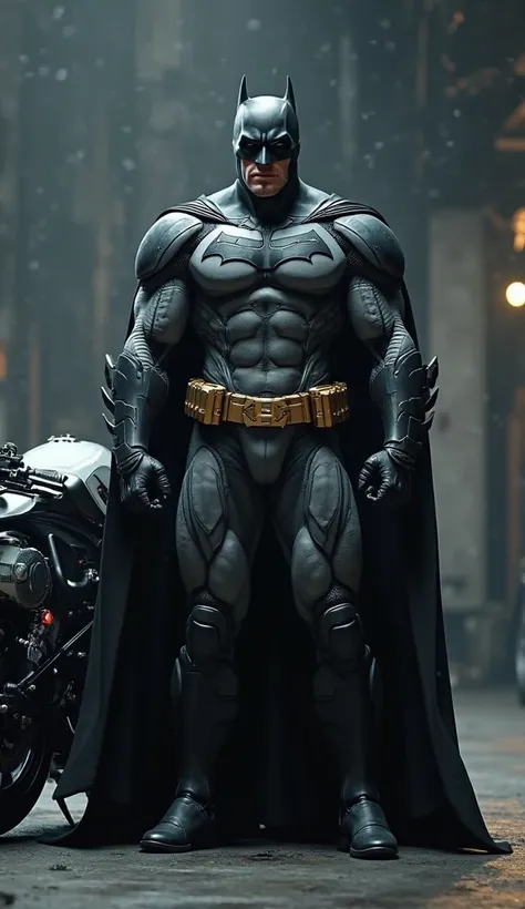 batman is standing there is a motor bike in a background