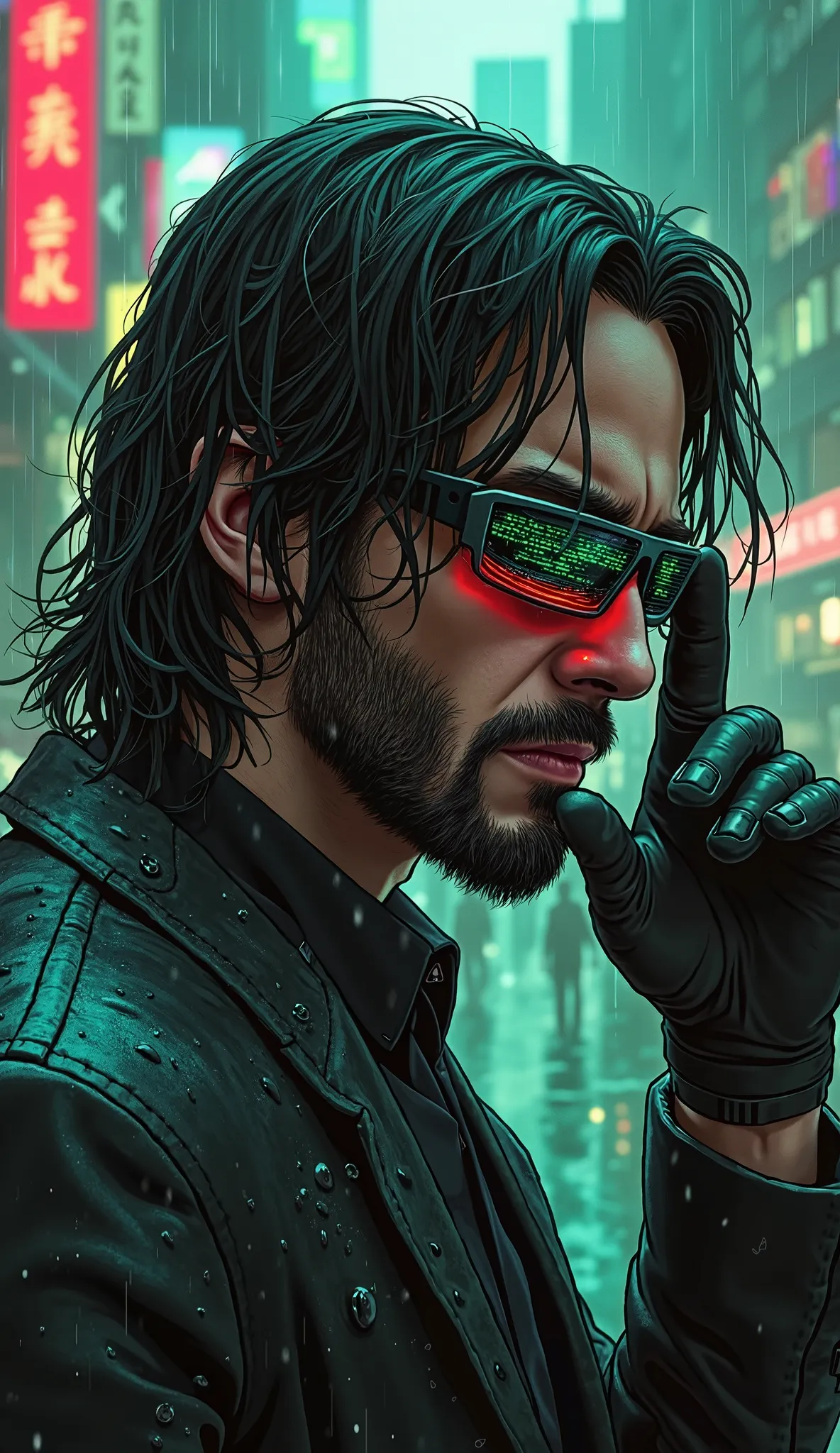 A stunning 2D hand-drawn illustration of John Wick, captured in an intense close-up side profile, his face slightly turned toward the camera, revealing both sides of his rugged, battle-worn features. His long, wavy black hair, damp from the rain, cascades ...