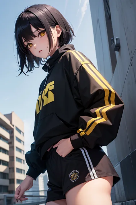  high definition,   boyish ,   1 girl,  black hair, Sporty shortcuts,   asymmetrical hairstyle  ,  Asymmetrical bangs,   yellow eyes,  There are three circles in the middle of the eye,  Skater Style Street Fashion, slightly oversized bottoms, standing,  fu...